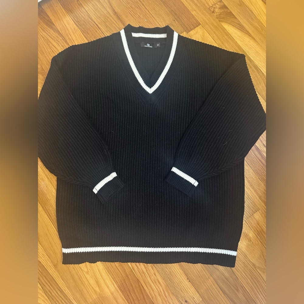 Navy Blue V-Neck preppy Sweater with White Trim